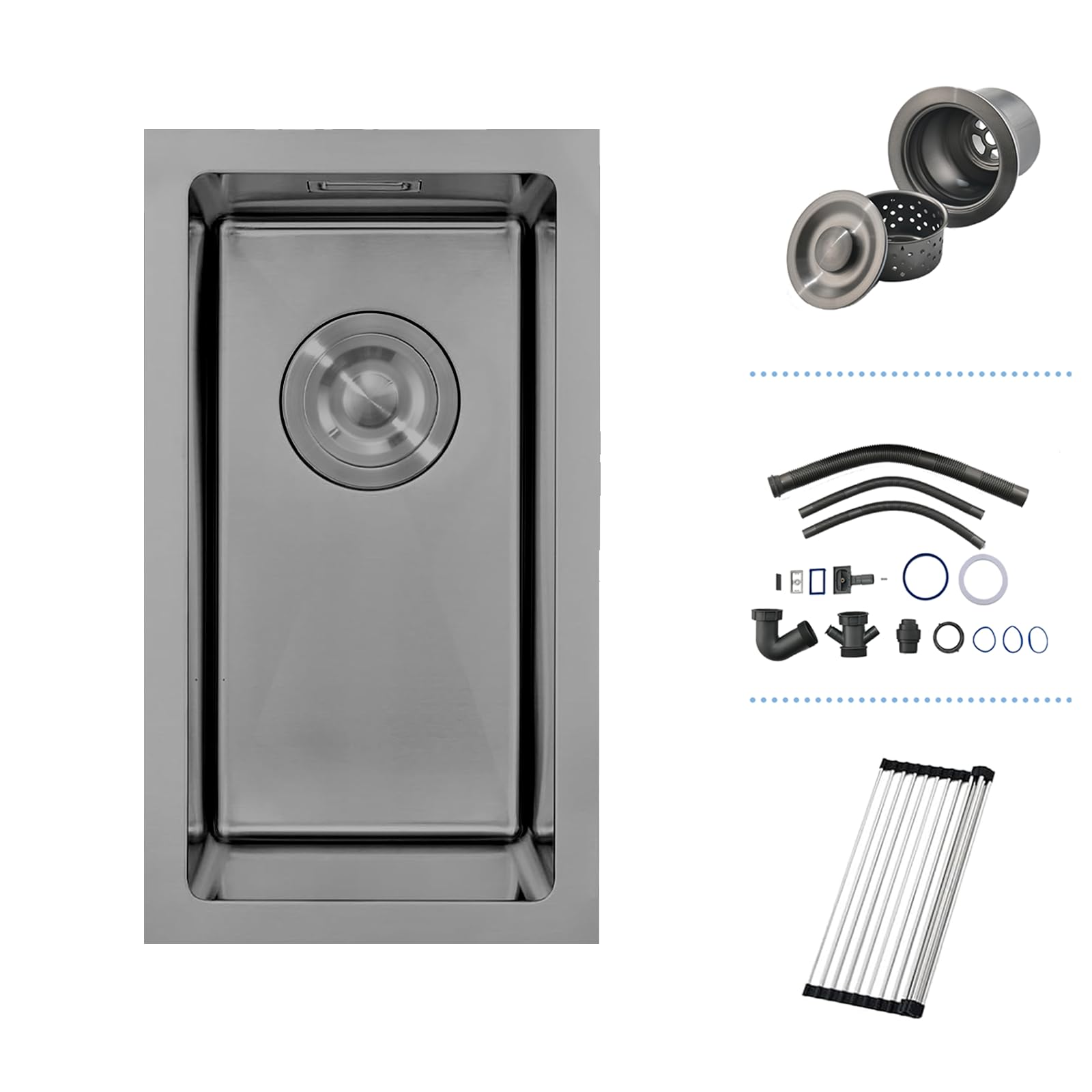 Black Stainless Steel Kitchen Sink 0.5, iAnomla Undermount or Topmount Fitting into Sink Unit, Small Single Bowl, Mini Basin Outdoor Rv with Strainer Waste & Overflow Kit, Roll-up Rack and Siphon — image 1