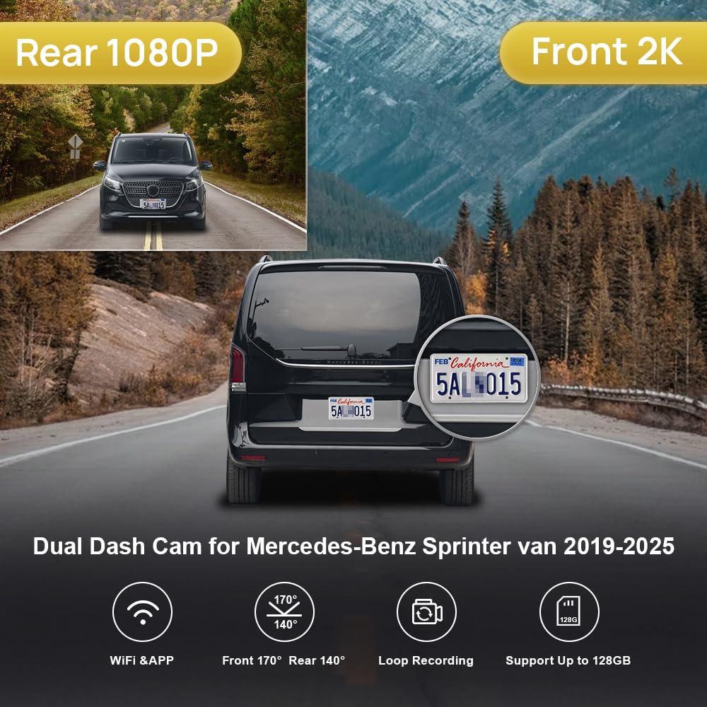 Fitcamx Dashcam 4K Geschikt voor Mercedes-Benz Sprinter van 2019-2025 (HD2- 8291), OEM Auto Camera, 2160P UHD Video WiFi, G-Sensor, Loop Opname, WDR Dash Cam Car, Plug&Play, App-bediening, 64GB Kaart