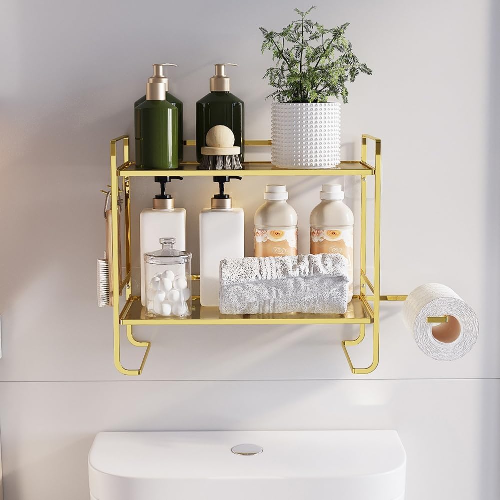 Multifunctional Storage Rack Above Toilet 2-Story Bathroom Storage Rack Storage Rack with Toilet Paper Rack Gold Type