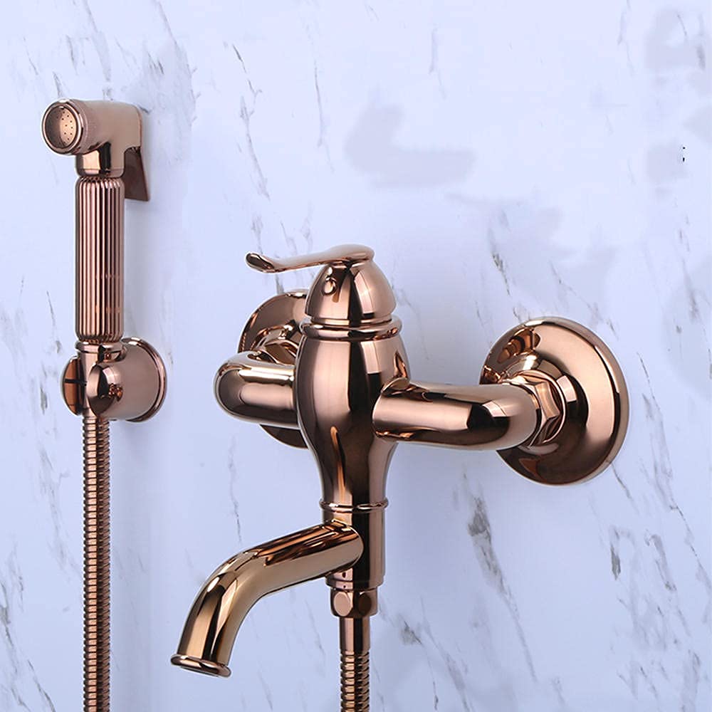 Miscelatore per Bidet e WC da Parete, Kit di spruzzatura, doccetta Manuale Marrone Antico, Set di rubinetti con Maniglia Singola e Doccia - A (A)