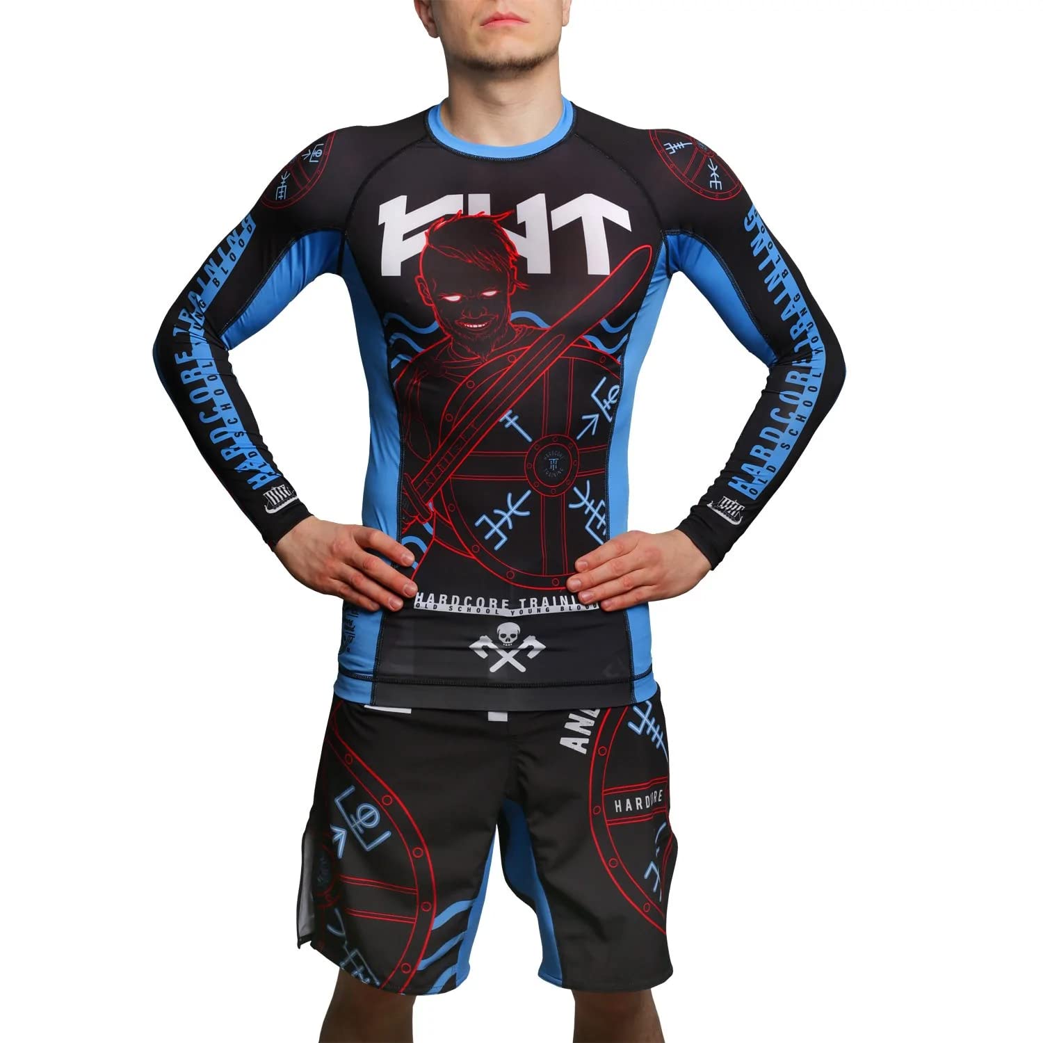 Hardcore Training Fight Shorts Boks Męski Szorty do Walki MMA Combat BJJ Grappling Fitness Muay Thai Kickboxing No Gi (DE/NL/SE/PL, Alfa, XXL, Regularny, Regularny, Czarny Niebieski)