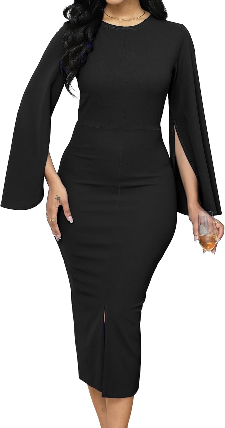 Women Church Dresses Bodycon Work Dress Bell Long Sleeve Round Neck Business Pencil Dresses