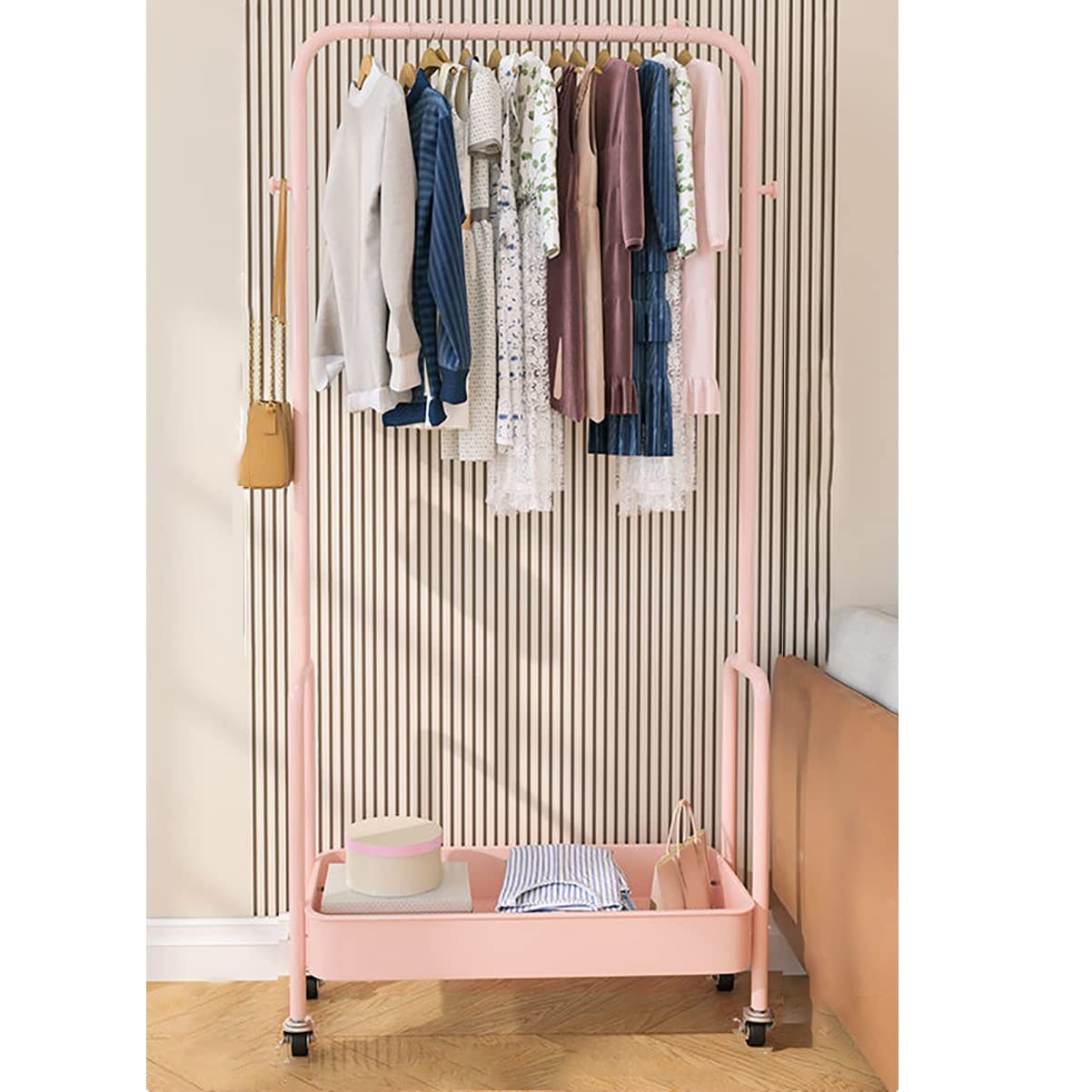 XDLEDMKIZ Stylish 360° Rolling Metal Coat Rack with Basket - Freestanding Clothes Stand for Coats, Shirts, and Skirts - Beige with Shelf for Entryway nization