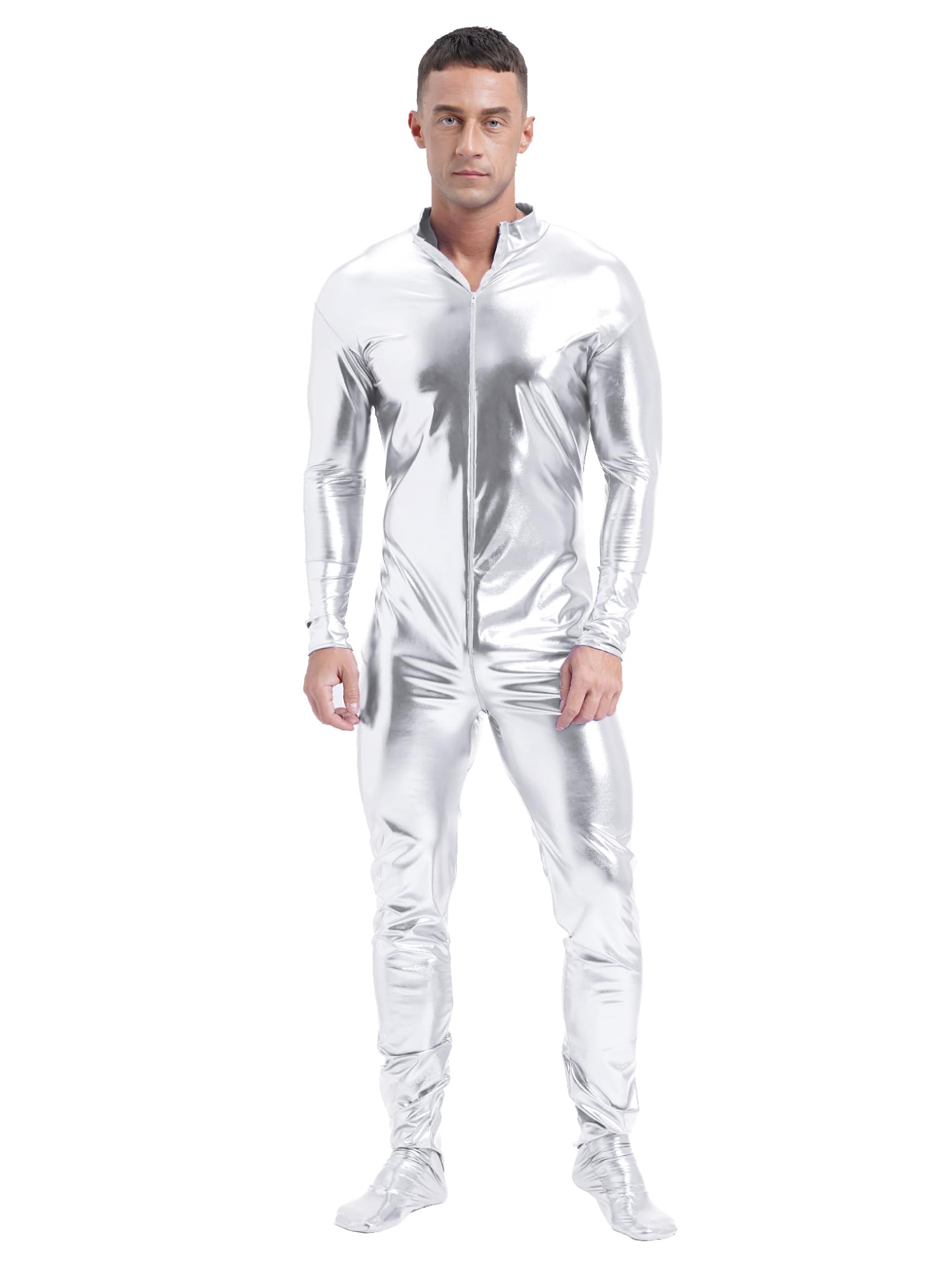 Kaerm Traje de cuerpo completo metálico para hombre, de manga larga, brillante, mono de una pieza, traje Zentai
