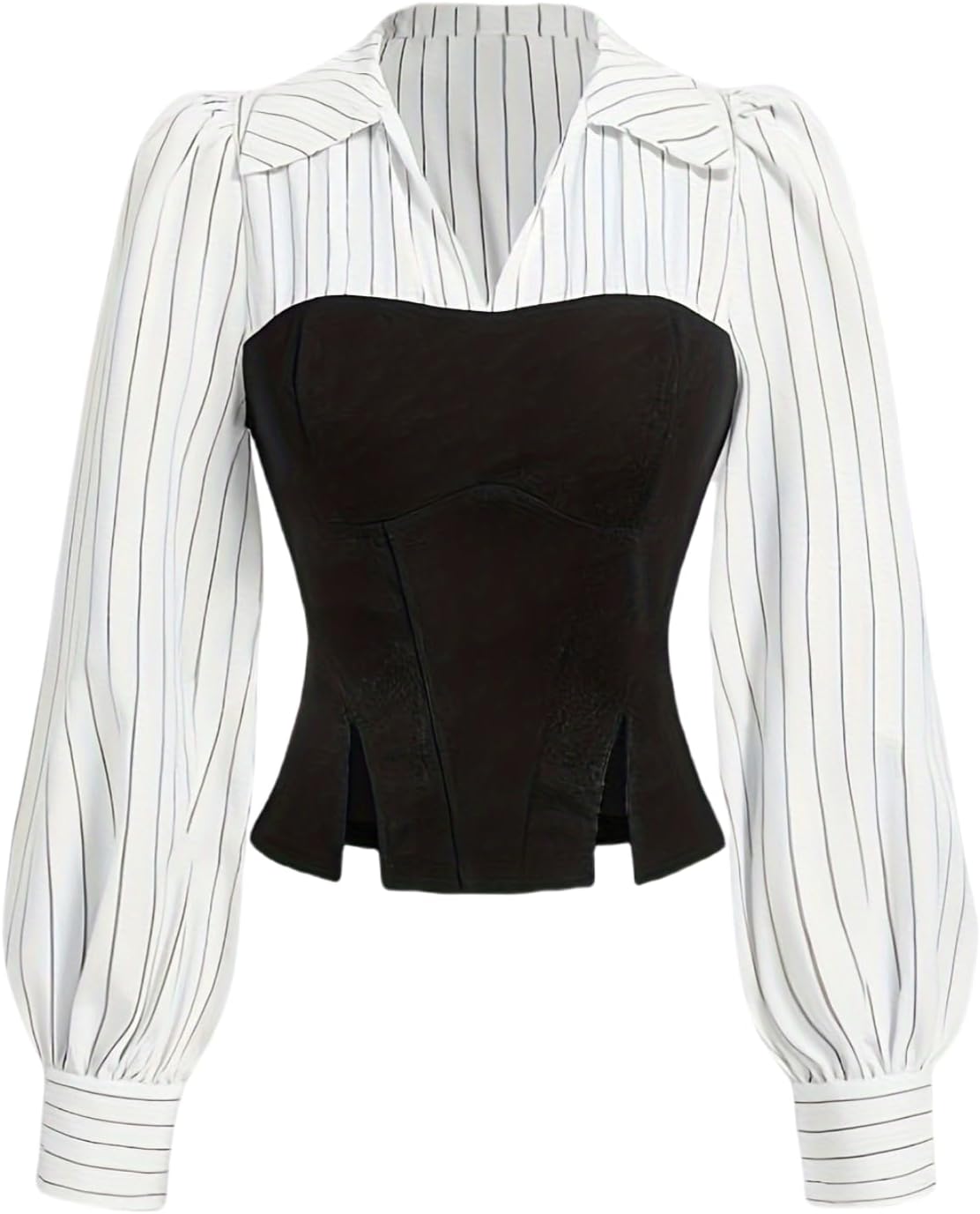 Women's Striped Lantern Long Sleeve Split Hem 2 in 1 Shirt Color Block V Neck Casual Pullover Shirt