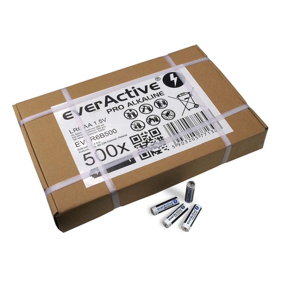 everActive Pack de 500 Pilas AA alcalinas Mignon LR6 R6 1,5 V, máxima Potencia, 10 años de duración, 500 Unidades