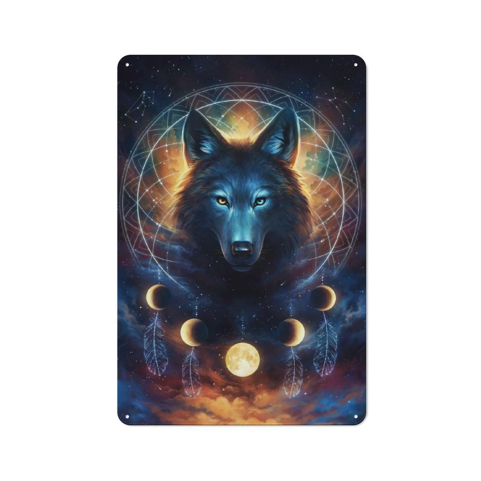 Junmoney Dream Catcher Wolf Metal Plaque 30X20cm With For Workshop Wall, Retro Decor, For Garage, Workshop And Man Cave Decoration
