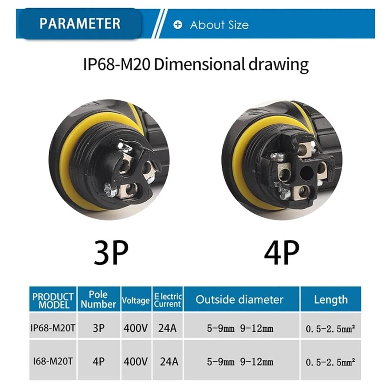 1PCS IP68 M20 T Shape Waterproof Connector 3 Pin 4 Pin Quick Terminal Electrical Wire Connector for Outdoor Cable Connection(4P 5.0-9.0mm)