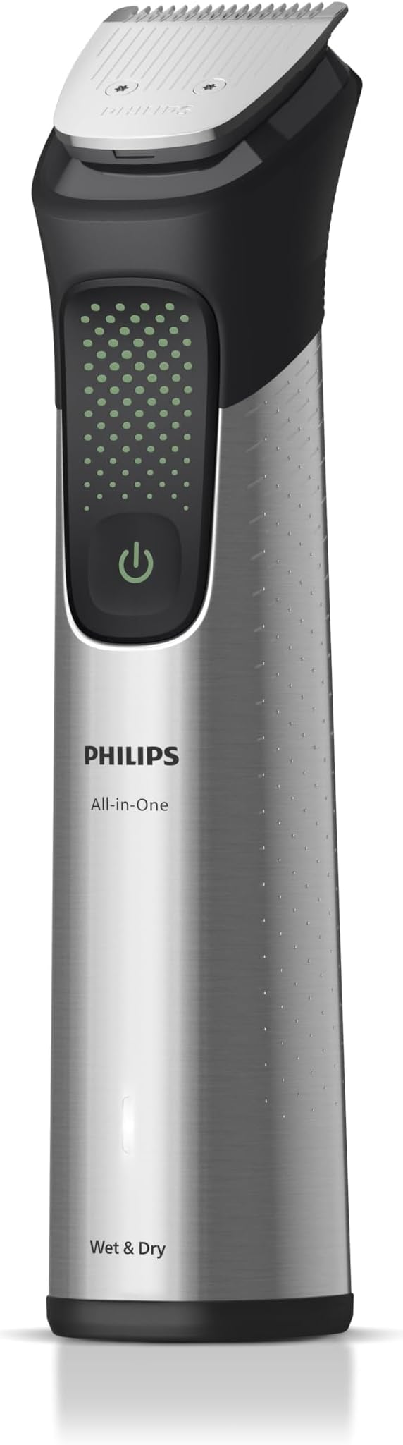 Vista lateral do aparador de pelos Philips Série 9000 destacando o design ergonômico e a lâmina de corte