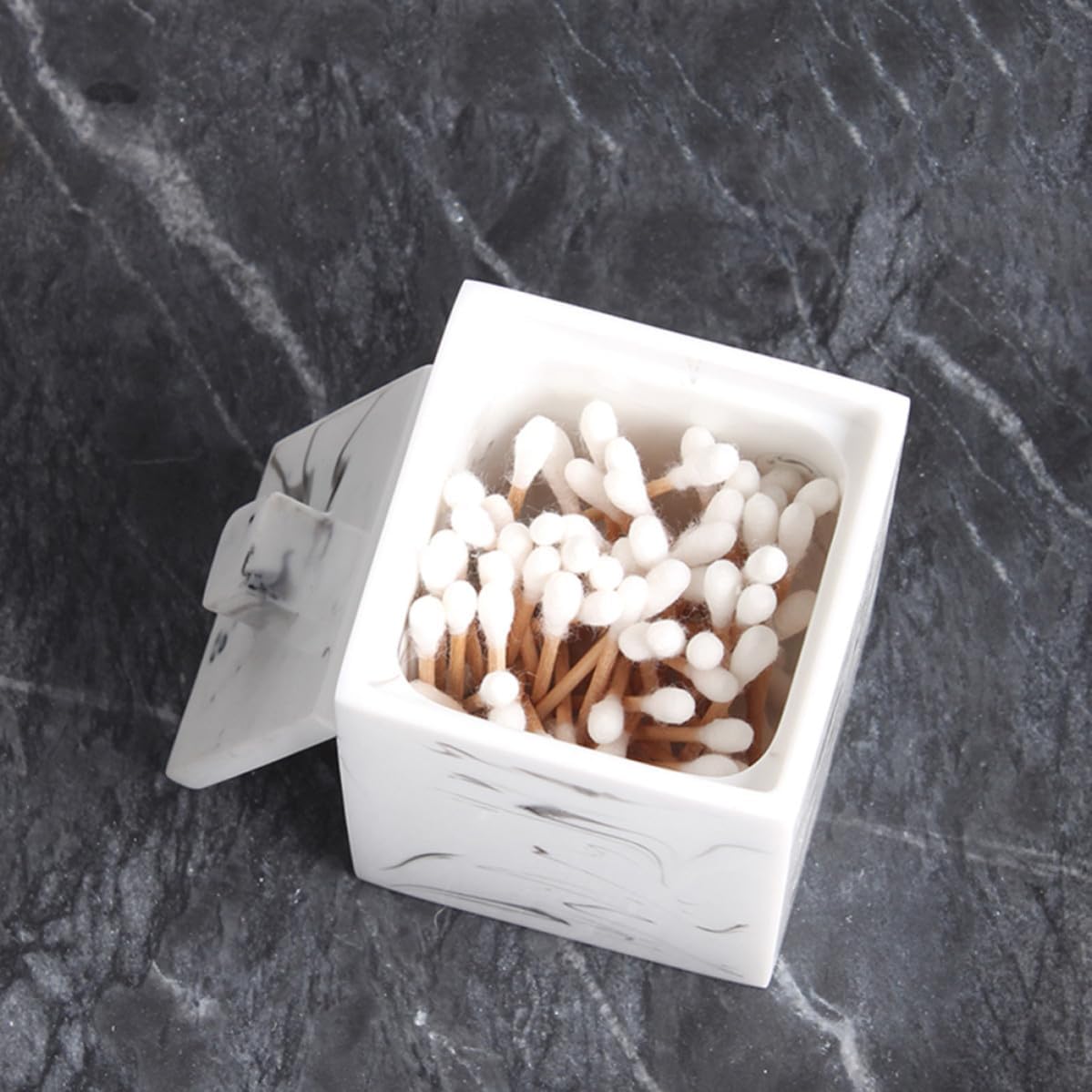 White Resin Marble Cotton Swab Holder with Lid for Home Storage image 3