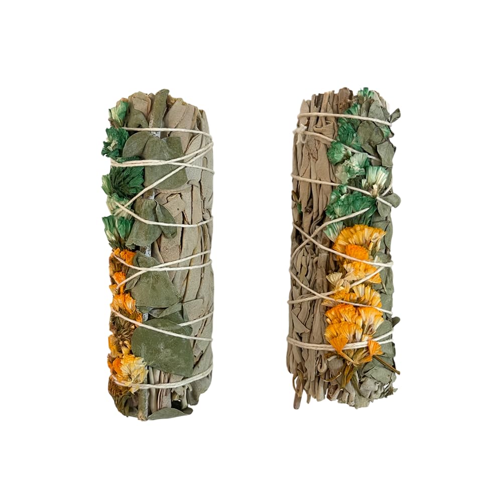 Smudge Stick, White Sage, Orange, Green Sinuata and Eucalyptus 4", Pack of 2