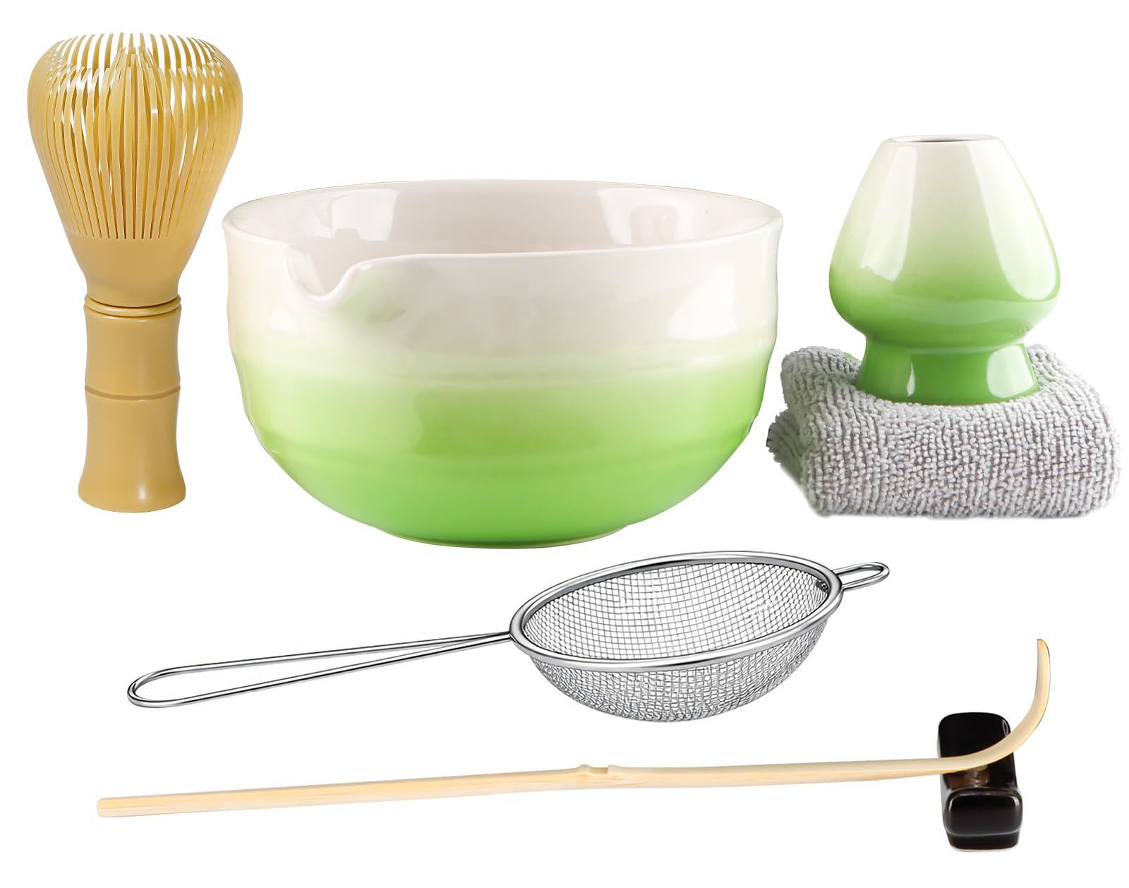 7Pcs Matcha Set, Matcha Whisk Set - Whisk Plastic Whisk, Whisk Holder, Matcha Bowl with Pouring Spout, Scoop, Sifter, Absorbent Cloth - Japanese Tea Ceremony Set for Home Use or Gift, Gradient Green