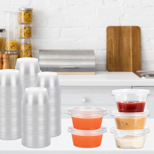 Miniatura 5 de 500 juegos de vasos de plástico desechables de 2 onzas | Vasos de gelatina con tapa, tazas de plástico para soufflé | Tazas de salsa con tapas a