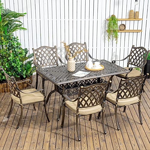 Outsunny 7 Pieces Patio Dining Set with Umbrella Hole, Cast Aluminum Outdoor Patio Furniture Set with 6 Cushioned Chairs and Rectangle Dining Table, for Garden, Lawn, Deck, Khaki - Image 3