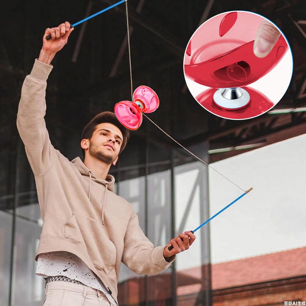 SKIKHN Diábolo LED con rodamiento de bolas, 3 rodamientos con palos y cuerda, juego de malabares para principiantes, con 2 pares de palos de mano + 4 cuerdas de repuesto, para interiores y exteriores — view 2