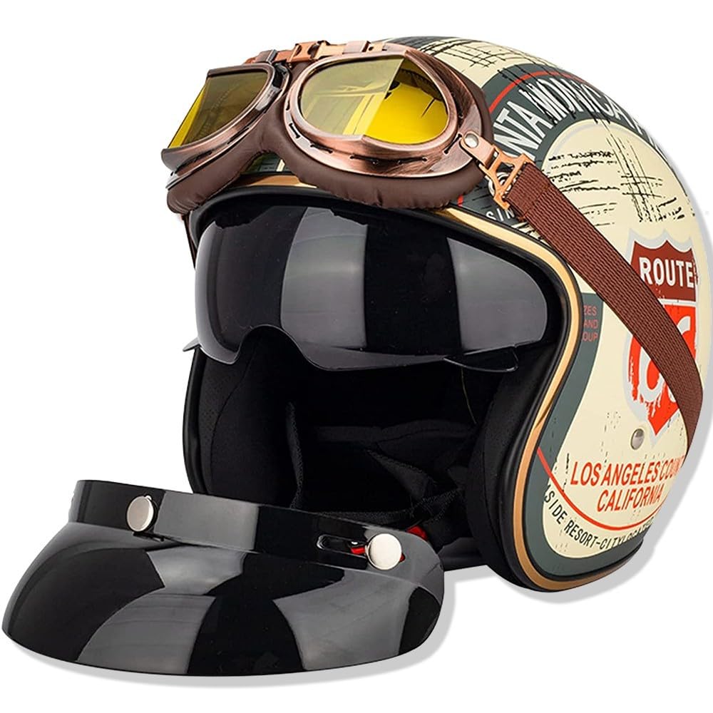 Casco De Moto Retro Medio Cuero De Abierto con Gafas De Aviador Cascos Jet Vintage Cruiser Moto Scooter Medio Casco Jet Estilo Alemán Dot/ECE Homologado para Mujer Hombre Adulto