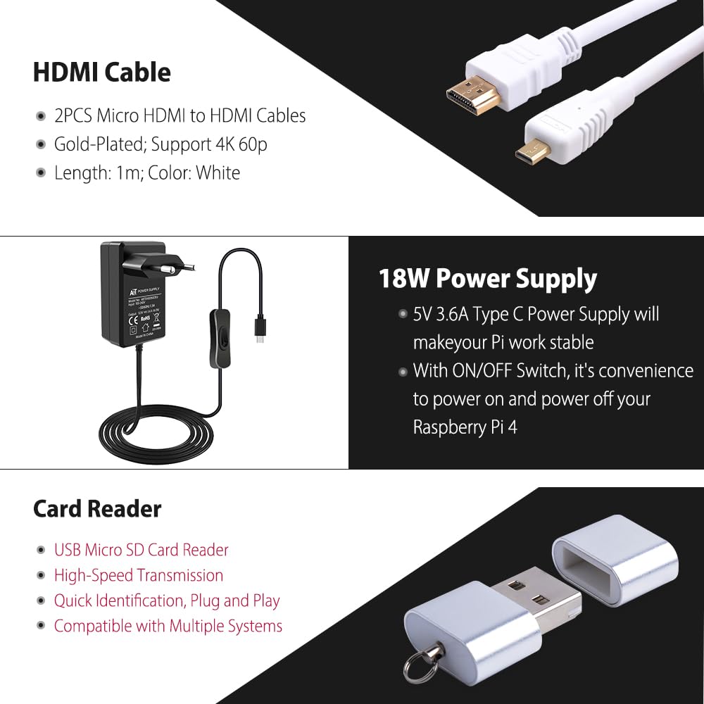 GeeekPi Raspberry Pi 4 8GB Starter Kit - 128GB Edition, Raspberry Pi 4 Passive Cooling Aluminum Case,Raspberry Pi 18W 5V 3.6A Power Supply with ON/Off Switch,HDMI Cables for Raspberry Pi 4B (8GB RAM) — view 5
