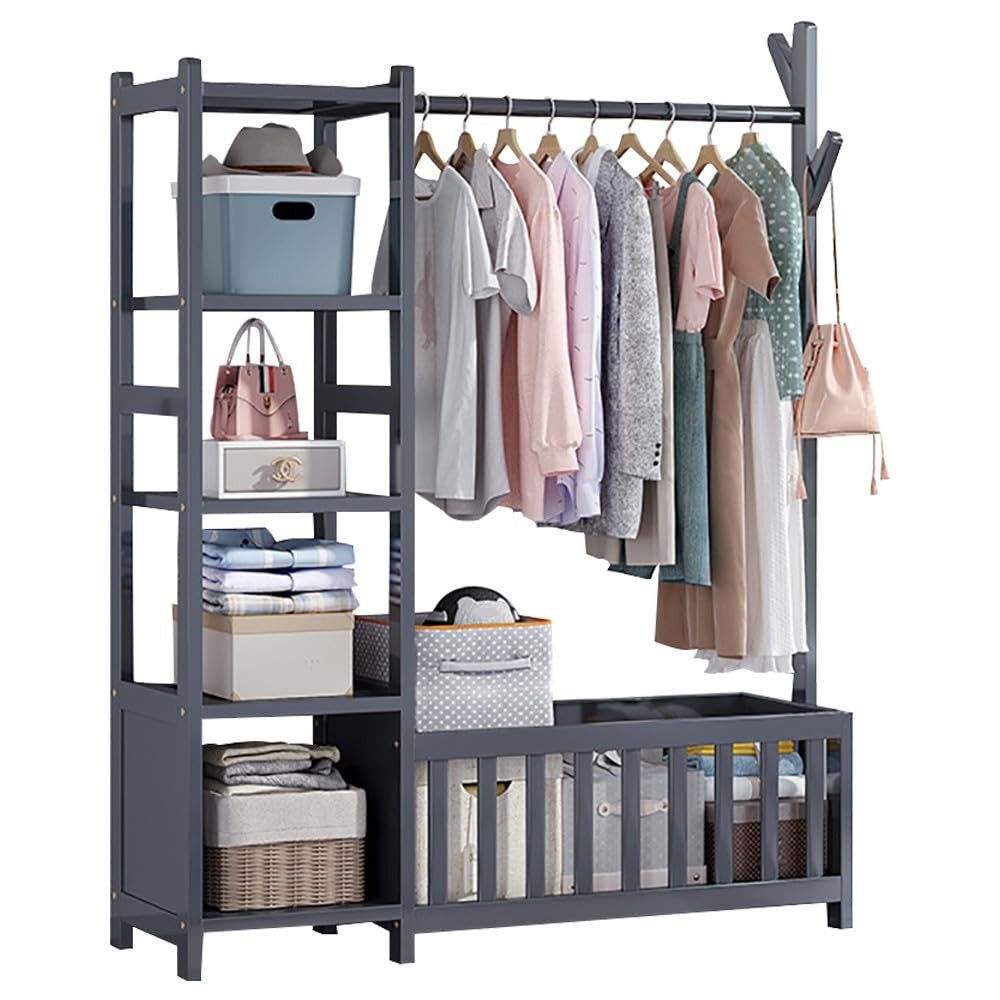 MYUYEE Wooden Coat Rack Stand, Clothes Drying Rack With Shelves, With Shoe Stand, Multifunctional Clothes Rail, Holds Up To 100 Kg, For Home/Office/Entryway/Hallway : 95Cm/115Cm(A-115Cm)
