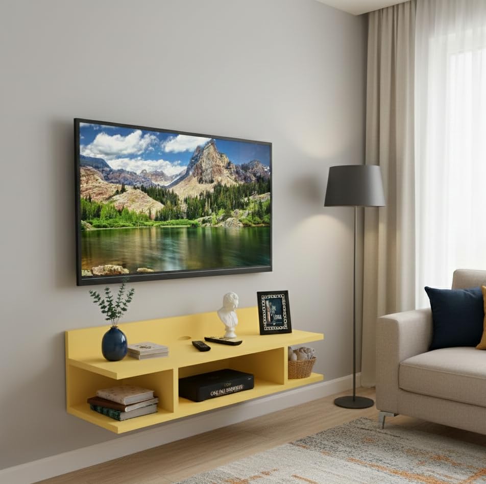 Image of Engineered Wood Set Top Box Stand | Wall Mounted TV Unit Shelf for Router, WiFi, DVD, Gaming Console | Sturdy & Space Saving TV Accessory Organizer (Brown, 50 x 20 x 15 cm) (Yellow)