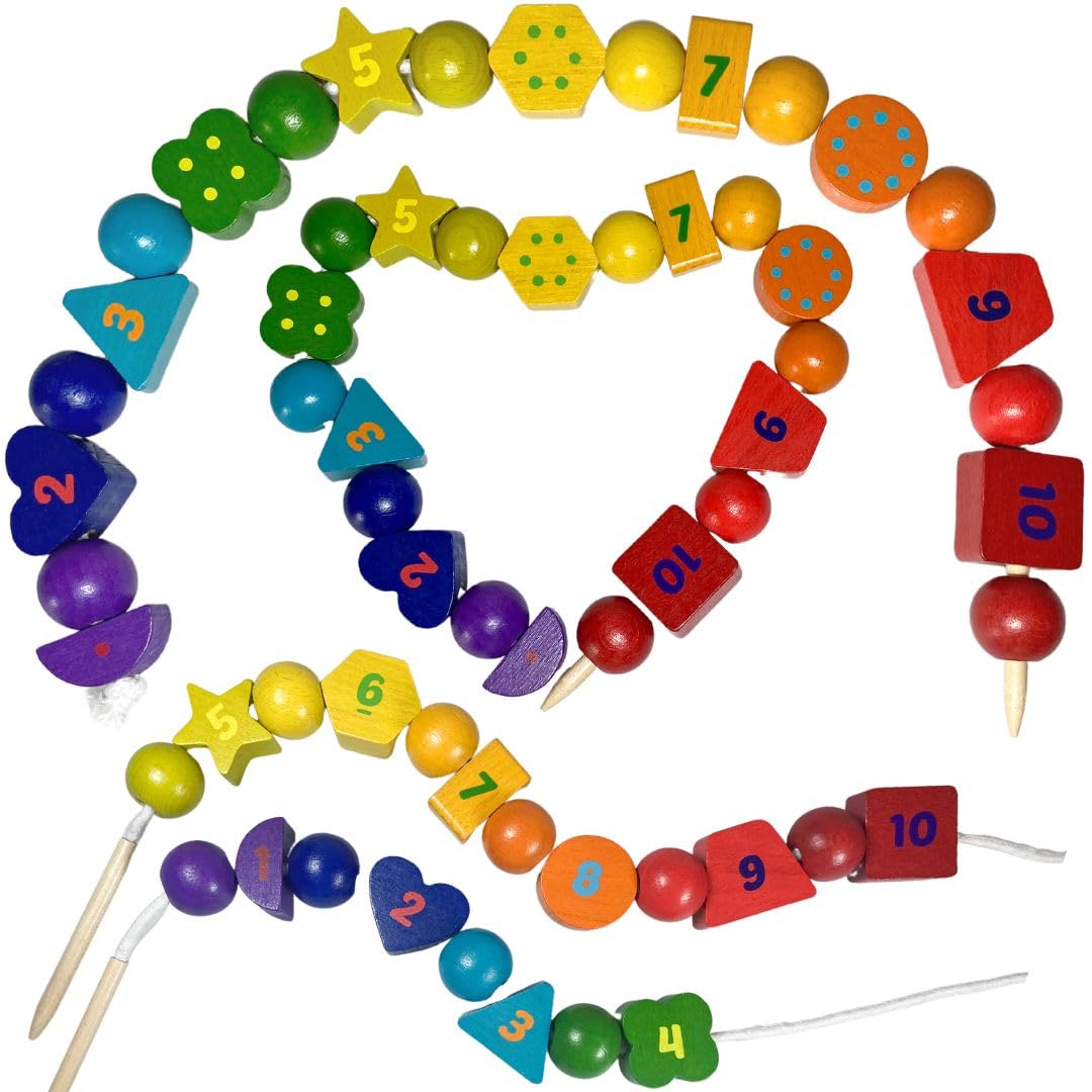 Wooden Lacing Beads Toy Montessori Stringing Bead Toys for Preschool Threading Strings Activity with Numbers for Kids 3+