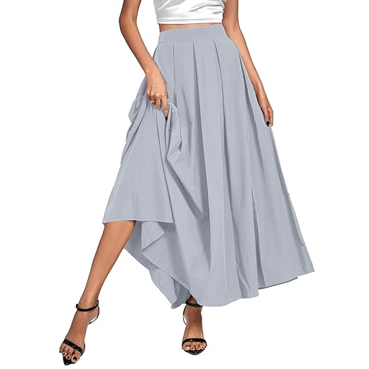 Saia maxi feminina casual plissada cintura alta lisa rodada evasê longa