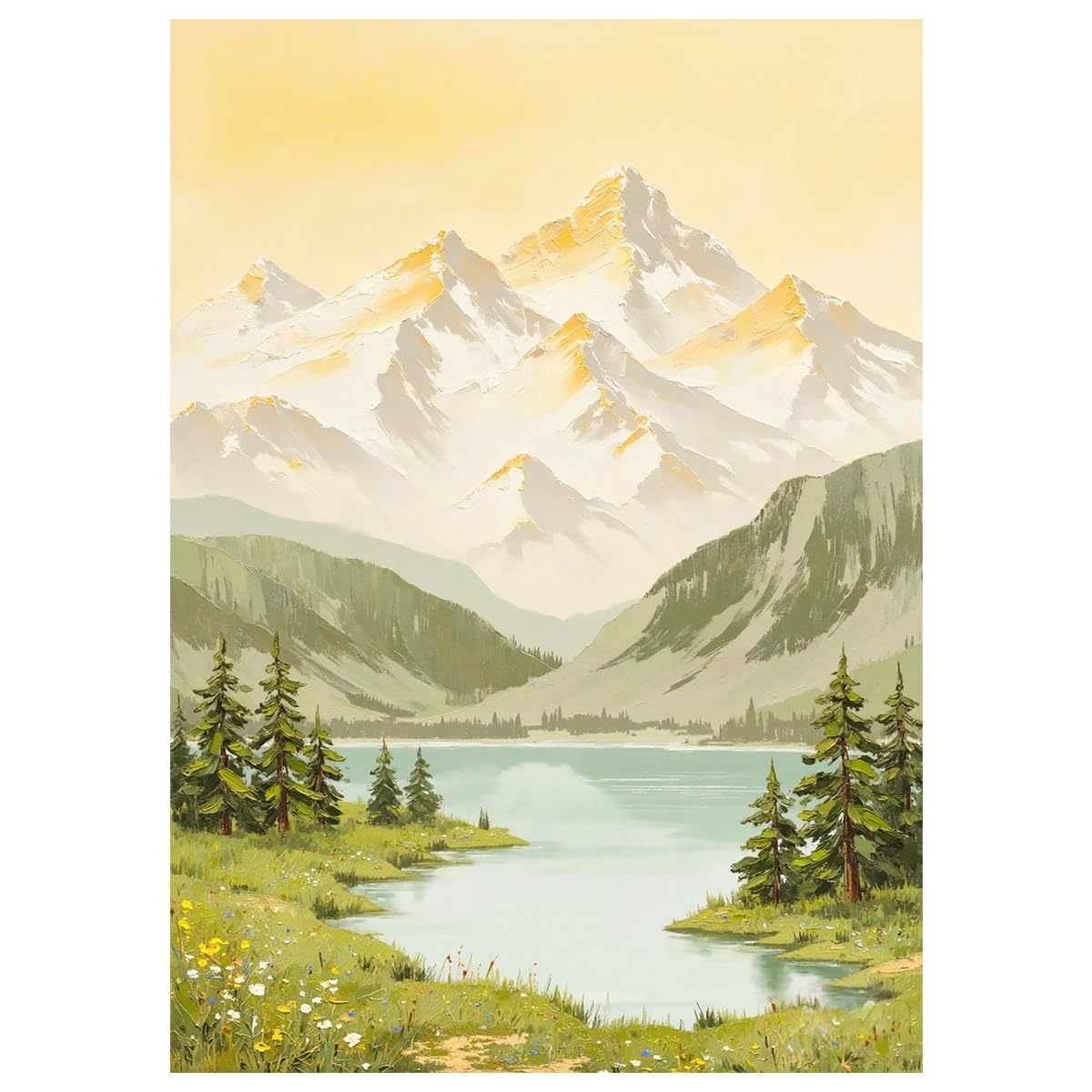 LCDIUDIU Sunlit Golden Snow Mountain Lake Wall Art Unframed Textured Spring Meadow Landscape Wall Decor Oil Paintings Artwork Wall Decor for Living Room Bedroom Office 70X100Cm(28X40Inch)