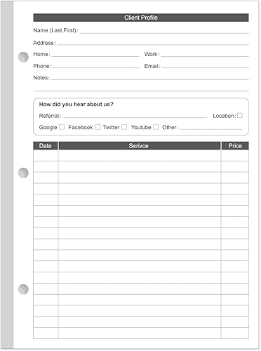 Tarjetas de inserción de carpeta de estilista A5, tarjetas de perfil de cliente de 3 agujeros para estilista, salón, spa, peluquería, 100 hojas200
