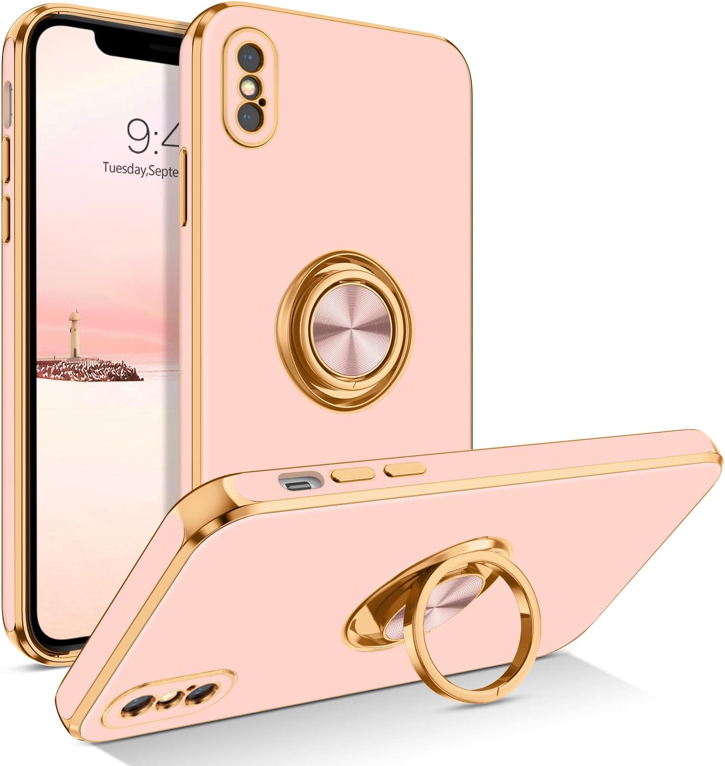 BENTOBEN iPhone Xs Case, Phone Case iPhone X, Slim Fit Sparkly Kickstand Ring Holder Design Shockproof Protection Soft TPU Bumper Drop Protective Girls Women Boy iPhone Xs/X 5.8 Cover, Light Pink/Gold