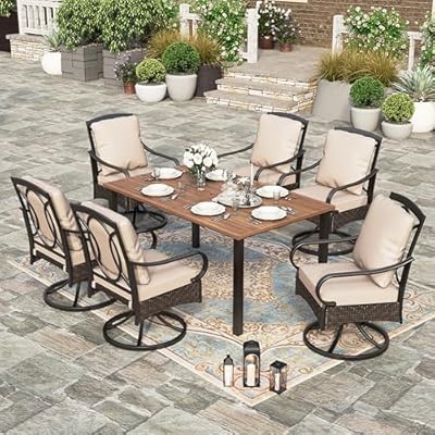 HERA'S HOUSE 7 Pieces Patio Dining Sets, 6 x Swivel Dining Chairs with Removable Cushions, 1 x Rectangular Wood-Like Dining Table, Outdoor Furniture Set for Patio Lawn Garden Porch