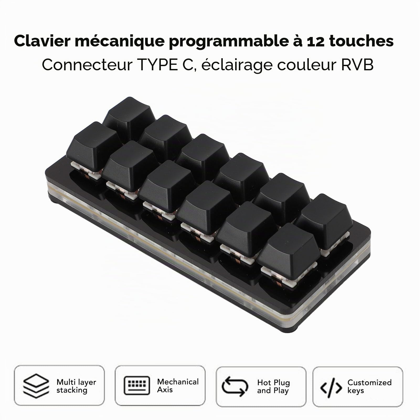 Dpofirs Clavier de Jeu Mécanique à 12 Touches, Claviers de Jeu PC RVB, Clavier Mécanique à Une Main, Clavier Filaire, Clavier Programmable et échangeable à Chaud (Black)