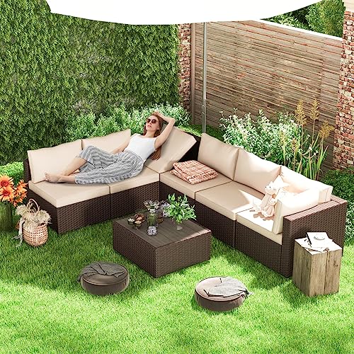 Image of DEVOKO Outdoor 3 Piece Sectional Wicker Patio Recliner Sofa Furniture All-Weather HDPE Rattan Conversation Set with Table for Garden, Poolside (Dark Brown and Cream)