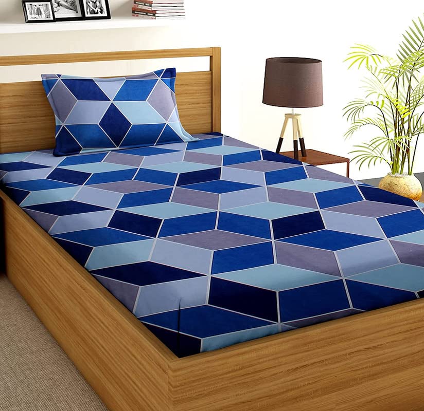 Premium Microfiber 160 TC Flat Single Bedsheets for Summer Breathable | Wrinklefree (Size-60 X 90 Inch) with 1 Pillow Covers (Size-17 X 27 Inches, Blue & Grey)