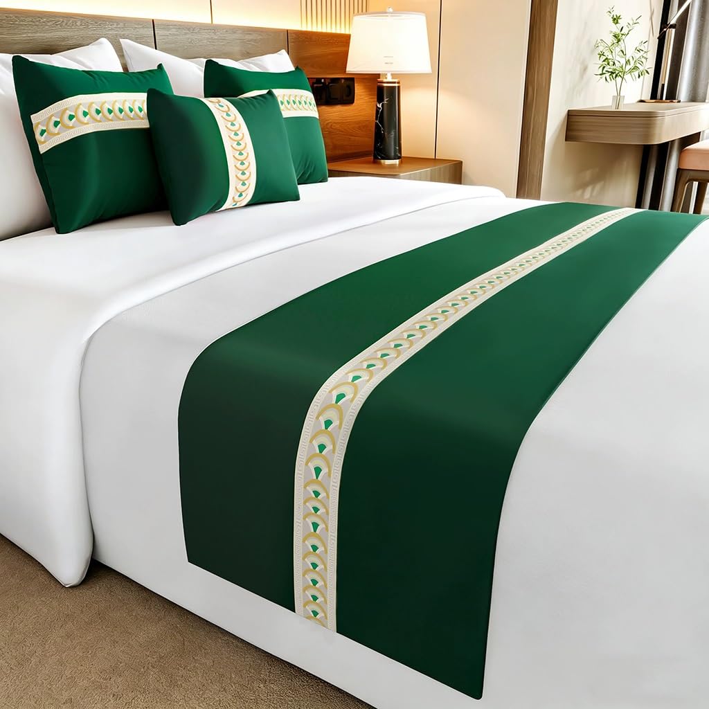 Miduohu Green Satin Bed Runner For King Size Beds, Jacquard Scarf Bedding Scarves For Hotel, Home, Guesthouse(,50X180cm (For 1.2M Bed))