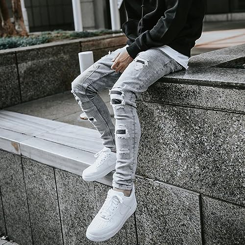 Stretch Jeans for Men Slim Fit Mid Rise Patch Ripped Distressed Skinny Jeans Tapered Casual Denim Pants3