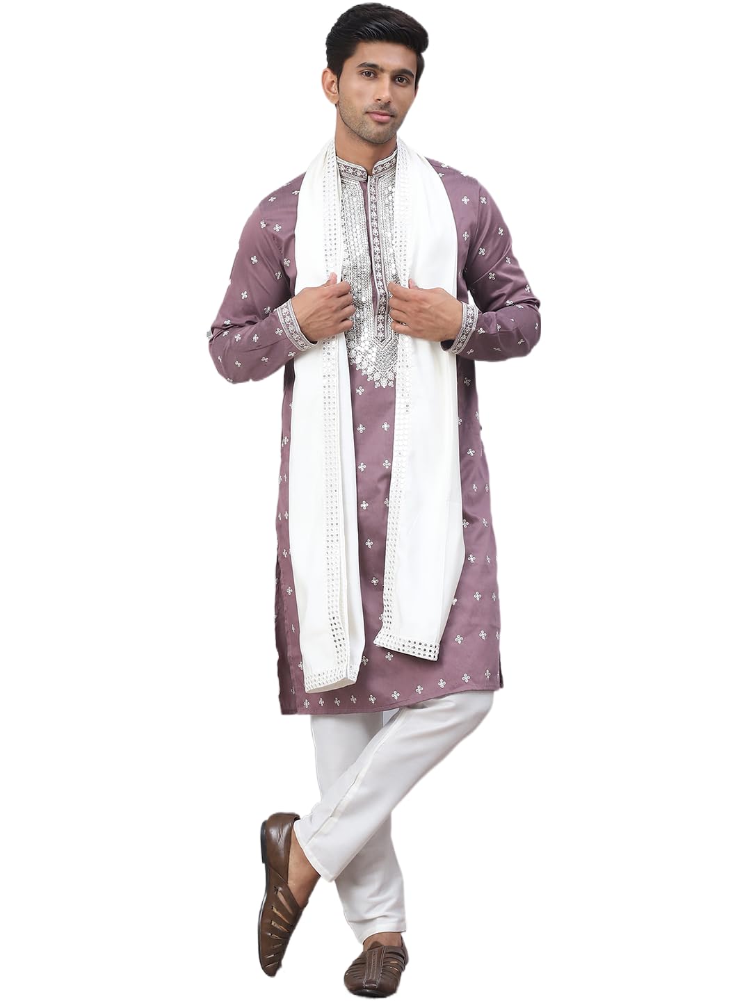 Men's Sequins Embroidered Kurta Pyjama With Dupatta.