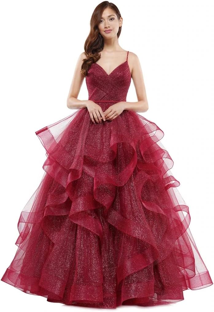 Glitter Tulle Ruffled Prom Dress Long Ball Gown for Women Formal Spaghetti Straps Formal Evening Party Gowns