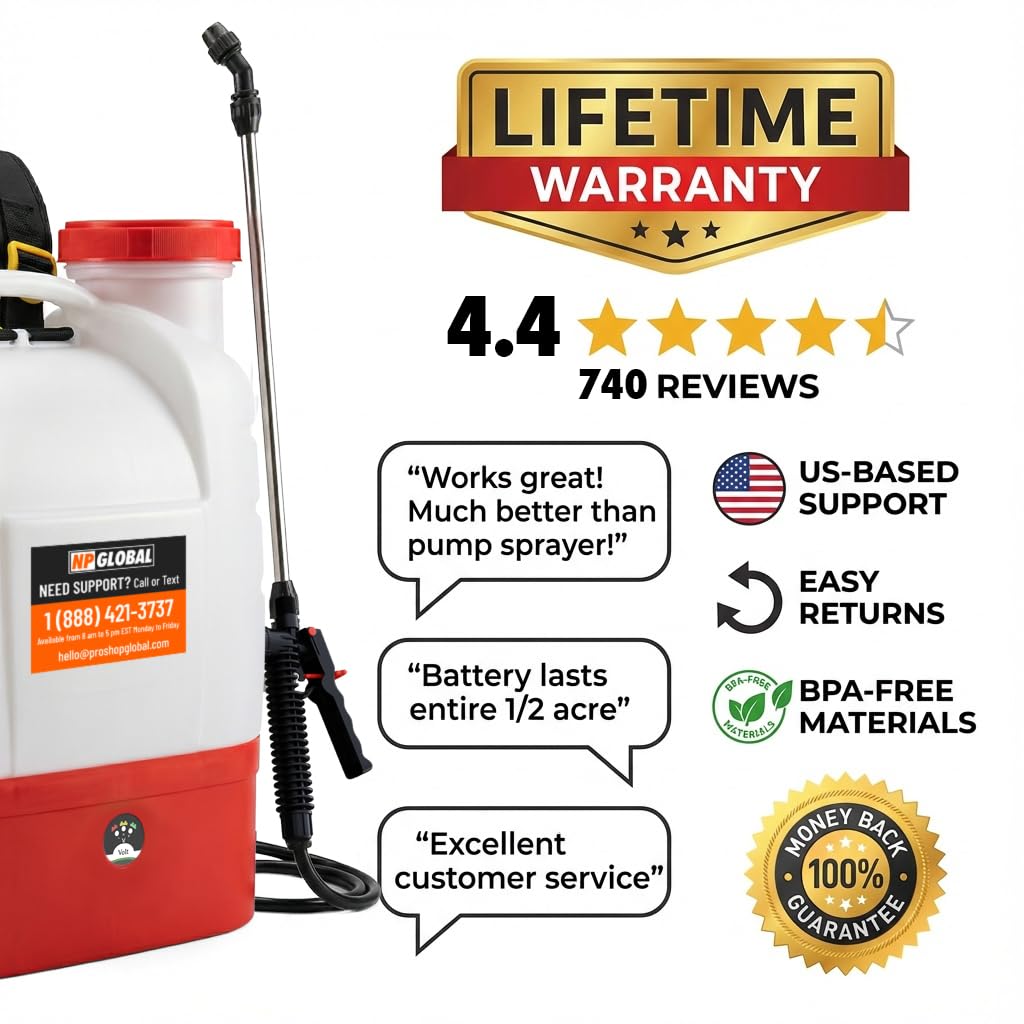 Battery Powered Backpack Sprayer - 4.2 Gallon, 8 Nozzles, 100PSI Cutoff, Long Battery Life, Wide Mouth, High-Pressure Spray Hose, Trigger Lock, Pressure Knob Controller