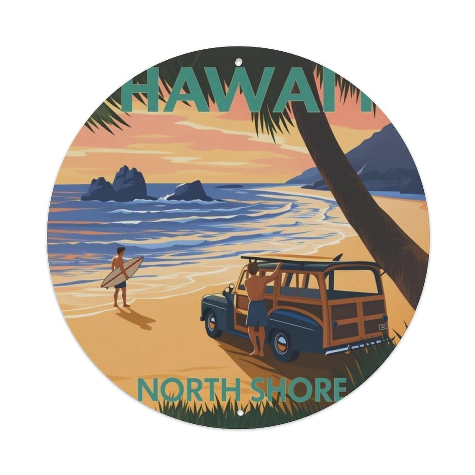 Vintage Hawaii North Shore Beach Round Decor Sign Vintage Aluminium Metal Sign, Retro Wall Decor for Home, Bar, Garage & Farmhouse 20x20cm
