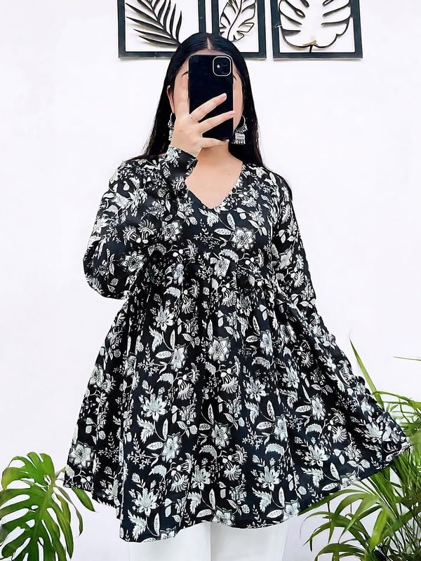 Image of Dream Beauty Fashion Women's Printed Tunic Top /Short Kurti with Long Sleeve V-Neck -23 inch Inches (Tunic-Top)