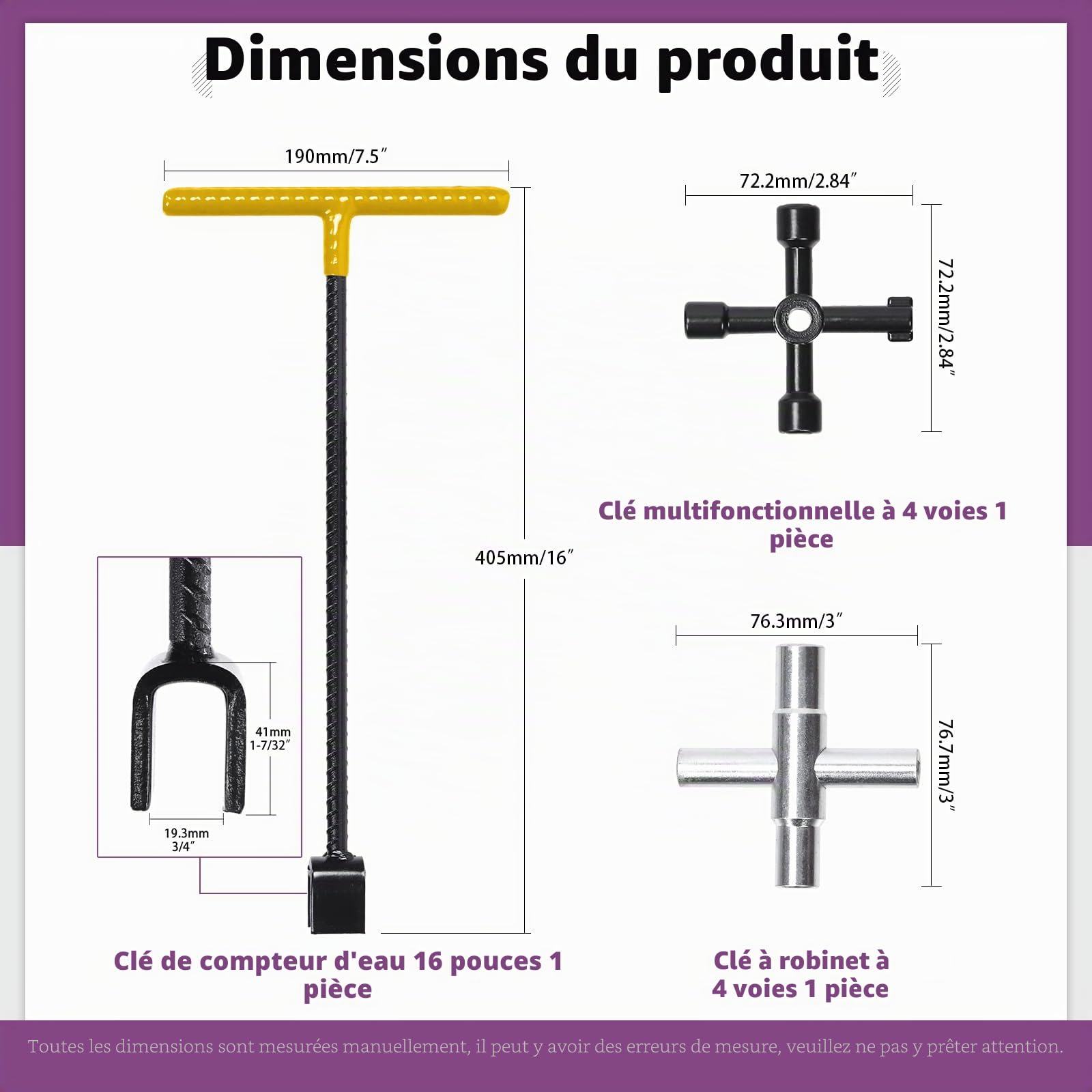 Swpeet 3 pièces Clé de compteur d'eau et robinet à quatre voies avec kit de combinaison d'outils utilitaires multifonctions à quatre voies, outil de coupure d'eau de clé de bordure de route de qualité