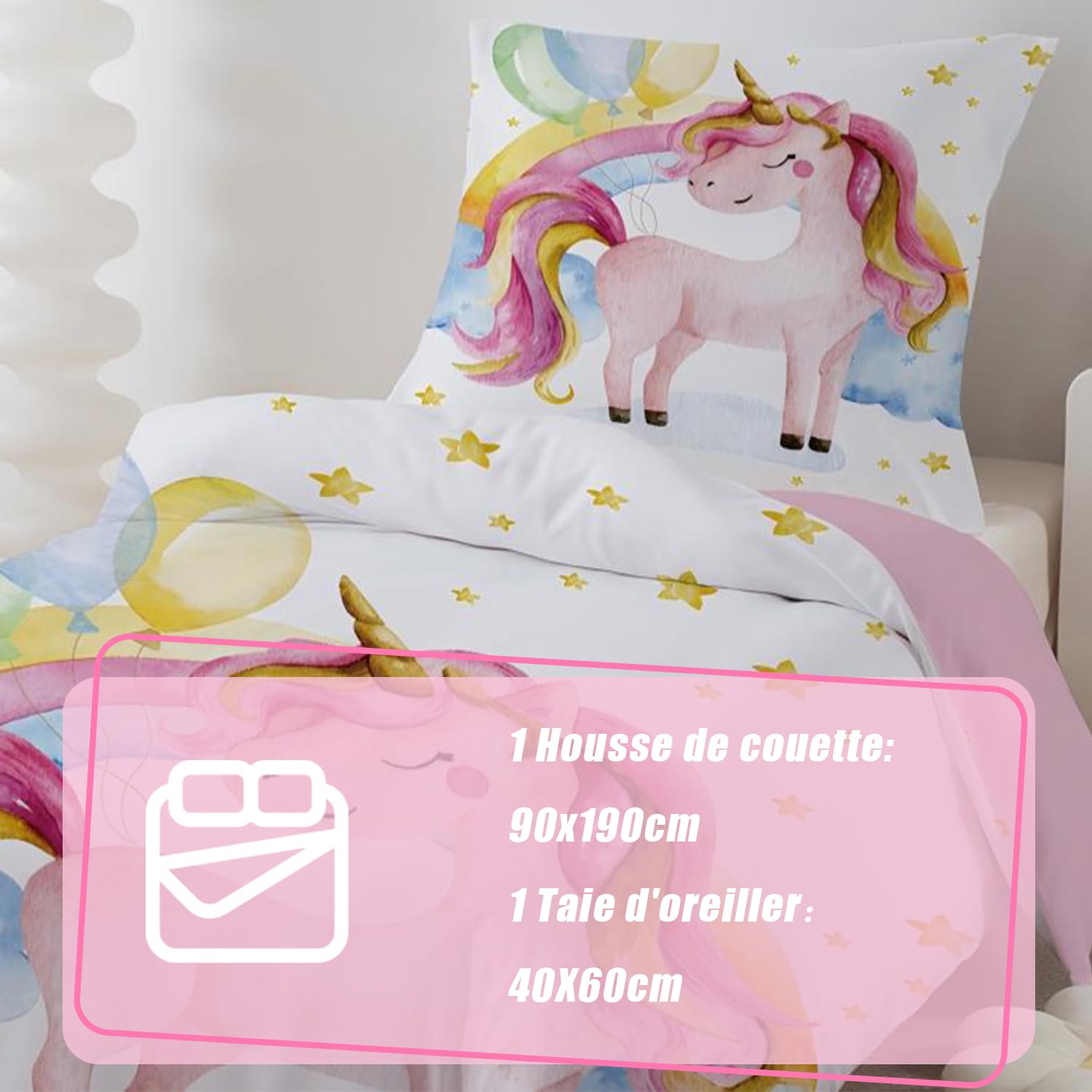 Licorne Enfant Housse de Couette, Fille Parure de Lit 90x190cm - Microfibre Parure de Couette avec Fermeture Eclair + 1Taie d'oreiller 40x60cm