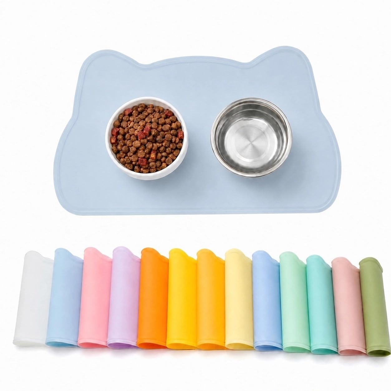 Jenck Cat Food Mat, Cat Shaped Silicone Pet Feeding Mat, Non‑Slip Waterproof Dog Bowl Mat Tray Cushion for Cat Dog Food Water, Light Blue, 43 x 26 cm