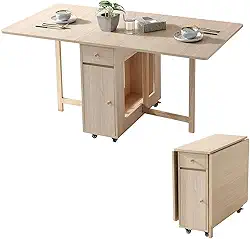 Mesa de jantar dobrável extensível com 2 gavetas e 4 rodas para sala de estar, cozinha, fazenda, mesa de economia de espaço na cor de madeira