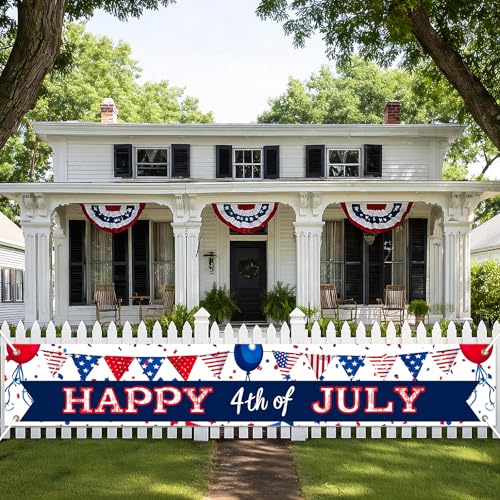 Image of BlissYard Happy 4th of July Banner 118 x 20 inch Patriotic Banner for Outside Independence Day Decorations Veterans Day Memorial Day American Flag Party Banner for Yard Fence Porch