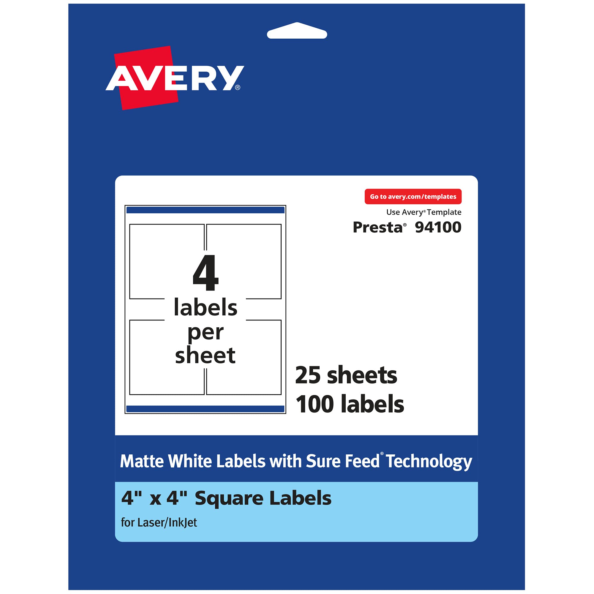 Avery Matte White Square Labels, Sure Feed Technology, 4" x 4", 100 Matte White Printable Labels