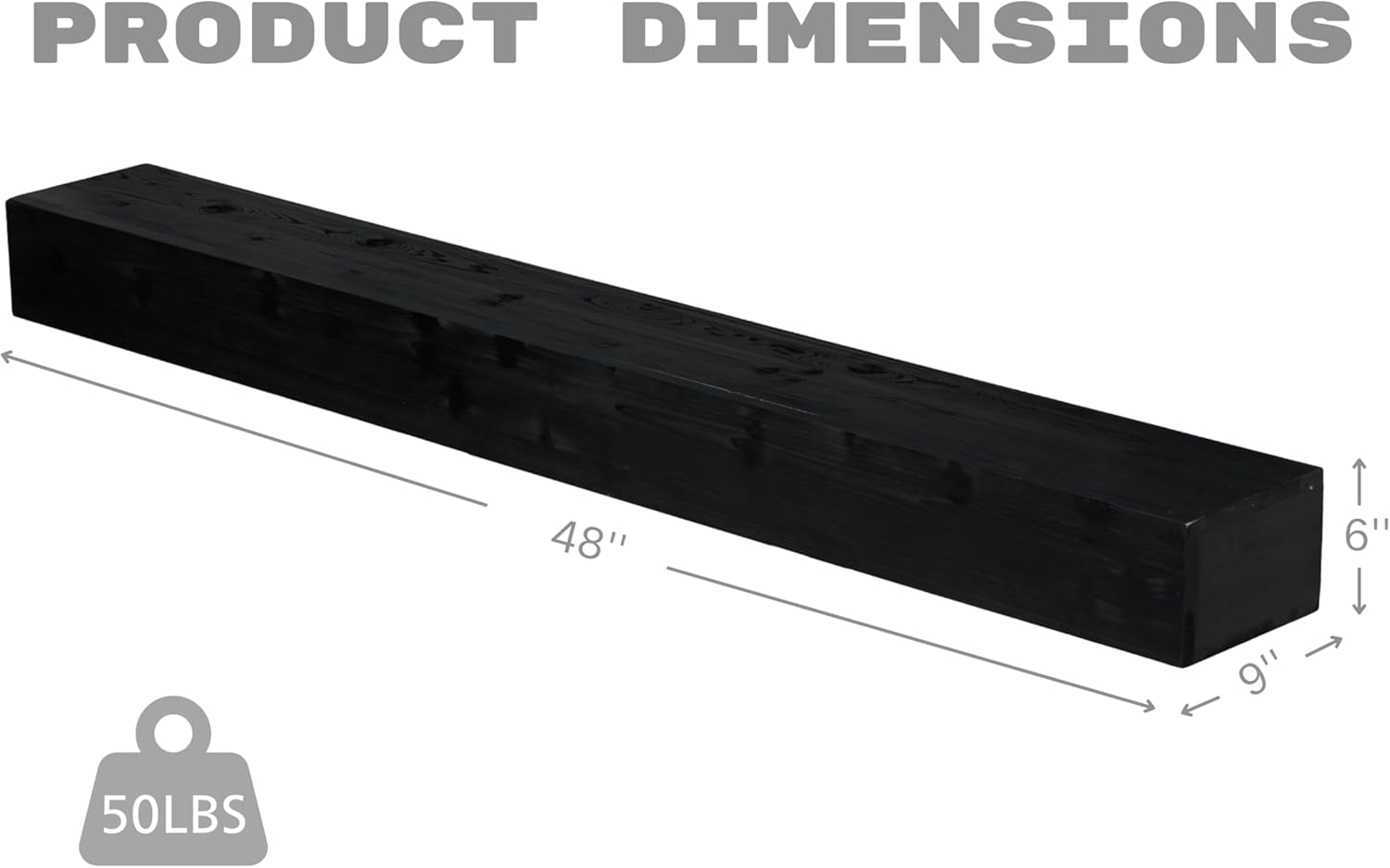 48-inch Solid Fir Wood Fireplace Mantel, Wall-Mounted Floating Shelf with 50LB Load, Modern Farmhouse Mantle Shelf for Living Room Decor (Fir - Black, 48")