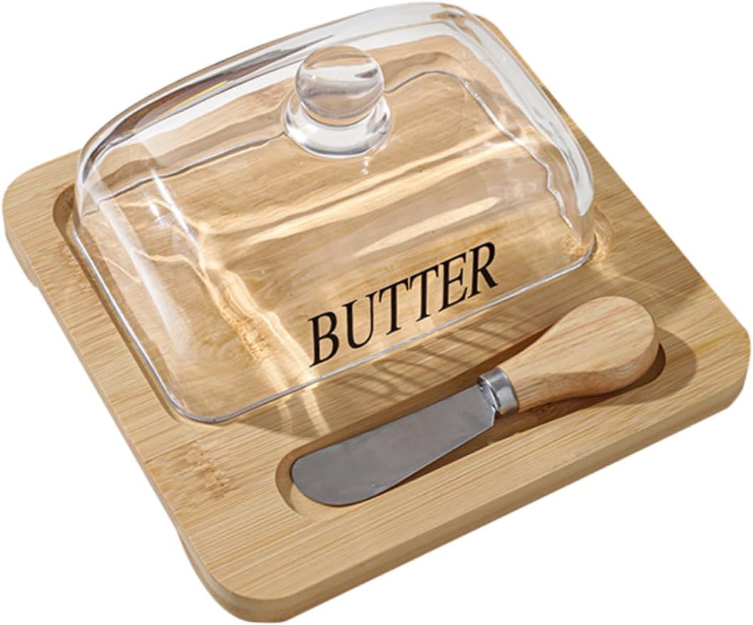 1set Butter Dish Glass Dome Lid Butter Storage Box Rustic Kitchen Decor for Countertop Use