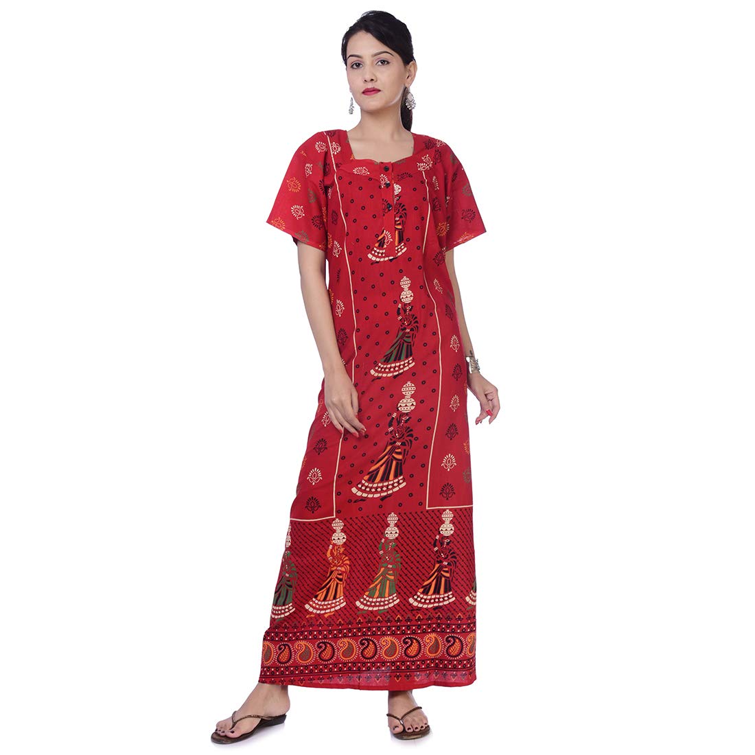 Indian Women Cotton Night Gown Bikni Cover Plus Size Comfy Evening Holiday Night Gown House Dress Red-picture-30