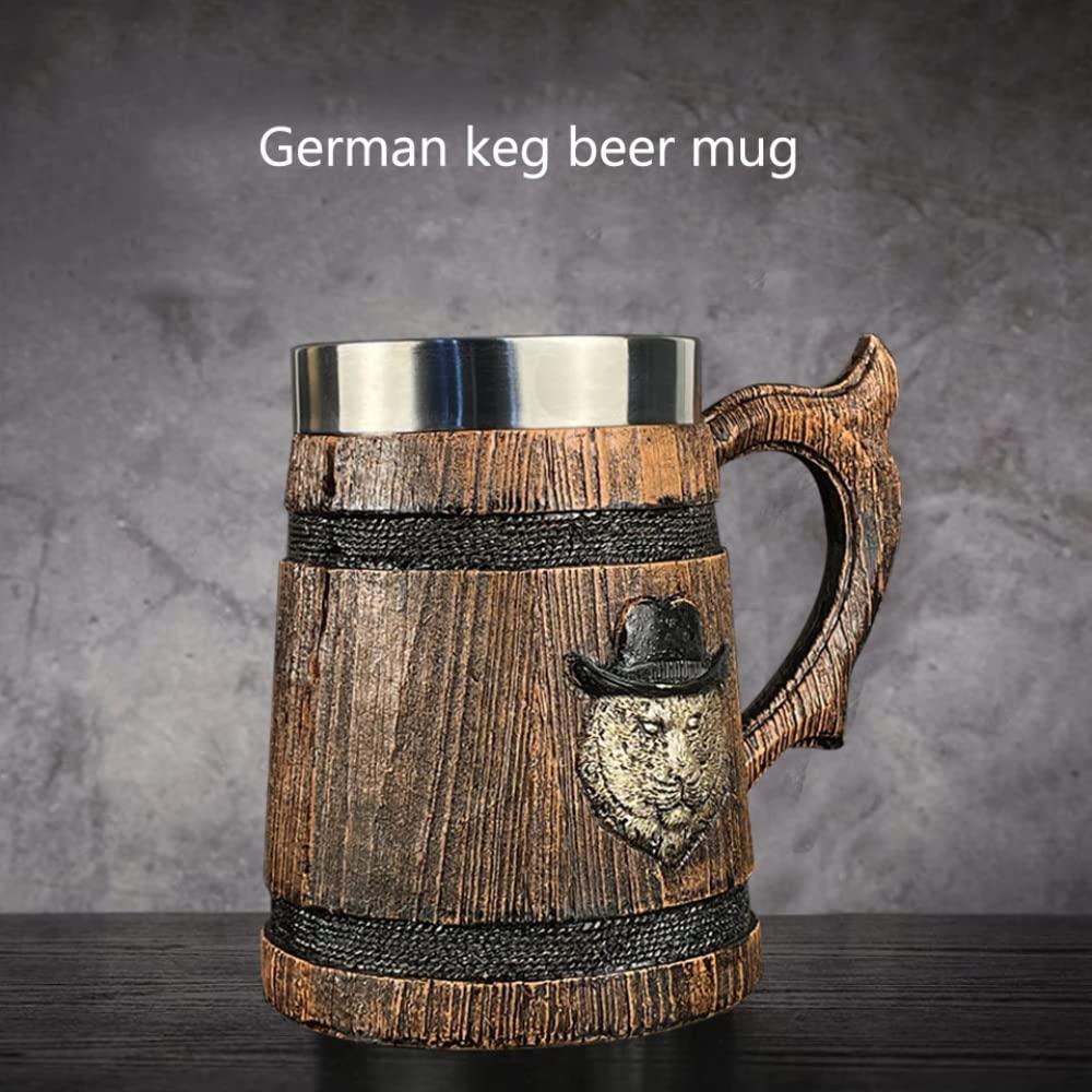 YXSH Barile di Legno 3D Resina dell'Acciaio Inossidabile Testa di Leone Boccale di Birra Calice Boccale Tazza di caffè Tazze di Vetro di Vino 580ml Miglior Regalo di Natale