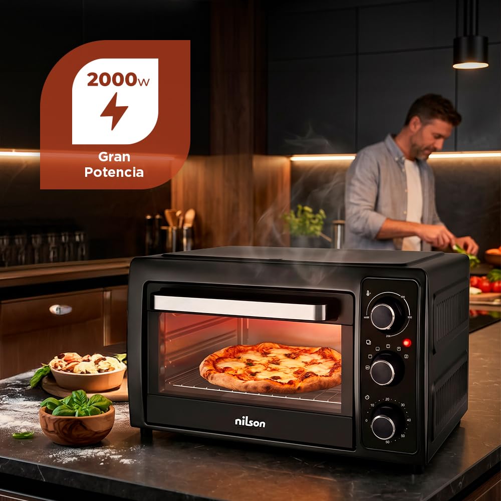 Four de table 48 l, convection, 5 fonctions de cuisson, 2000 W, contrôle mécanique, température max 230°, minuterie 60 min, avec plateau, grille métallique et pierre à pizza